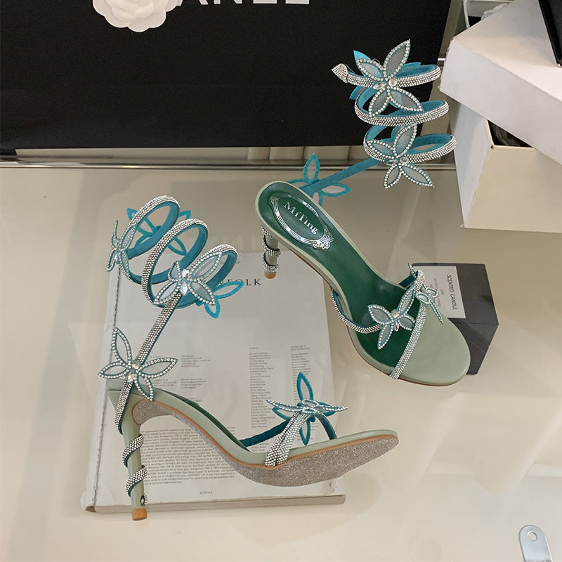 Butterfly rhinestone strappy open-toe Roman shoes