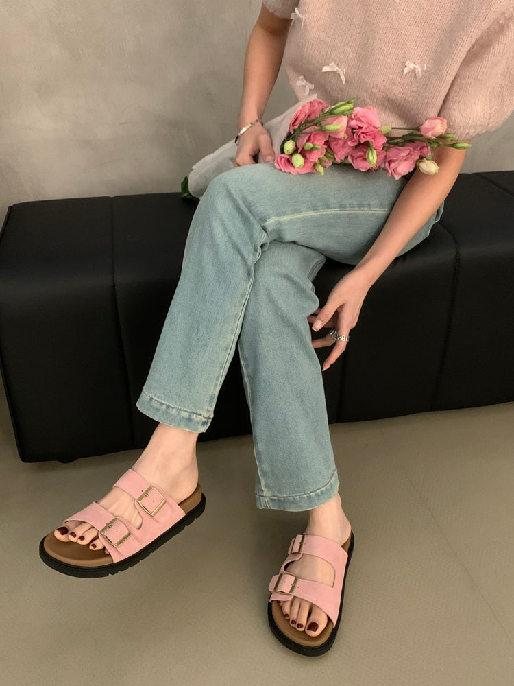 Wearing vintage Birkenstock flat sandals