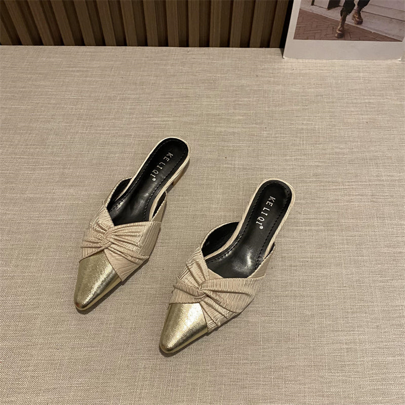 Retro fragrant pleated lady style color block low heel slippers
