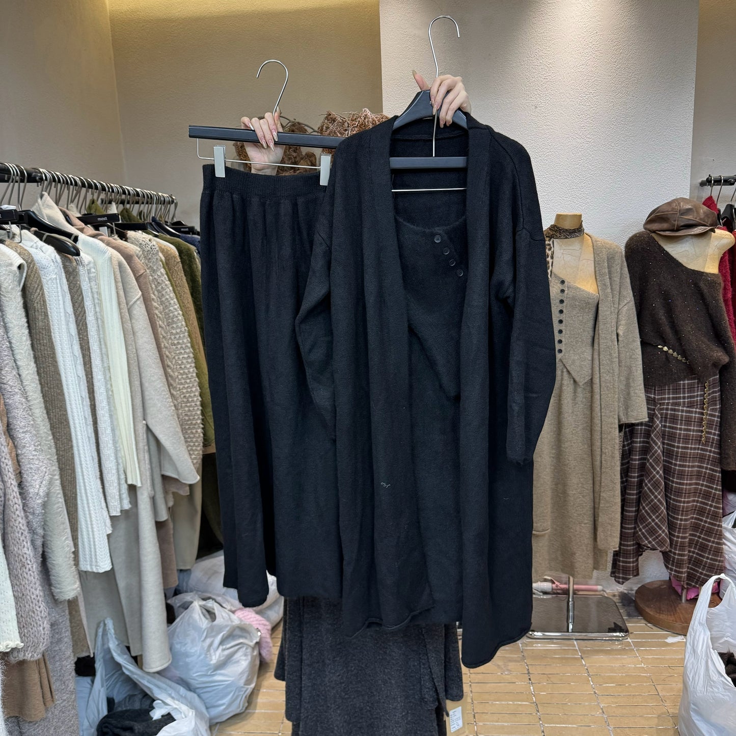 Wool off-shoulder cardigan sweater + skirt three-piece set