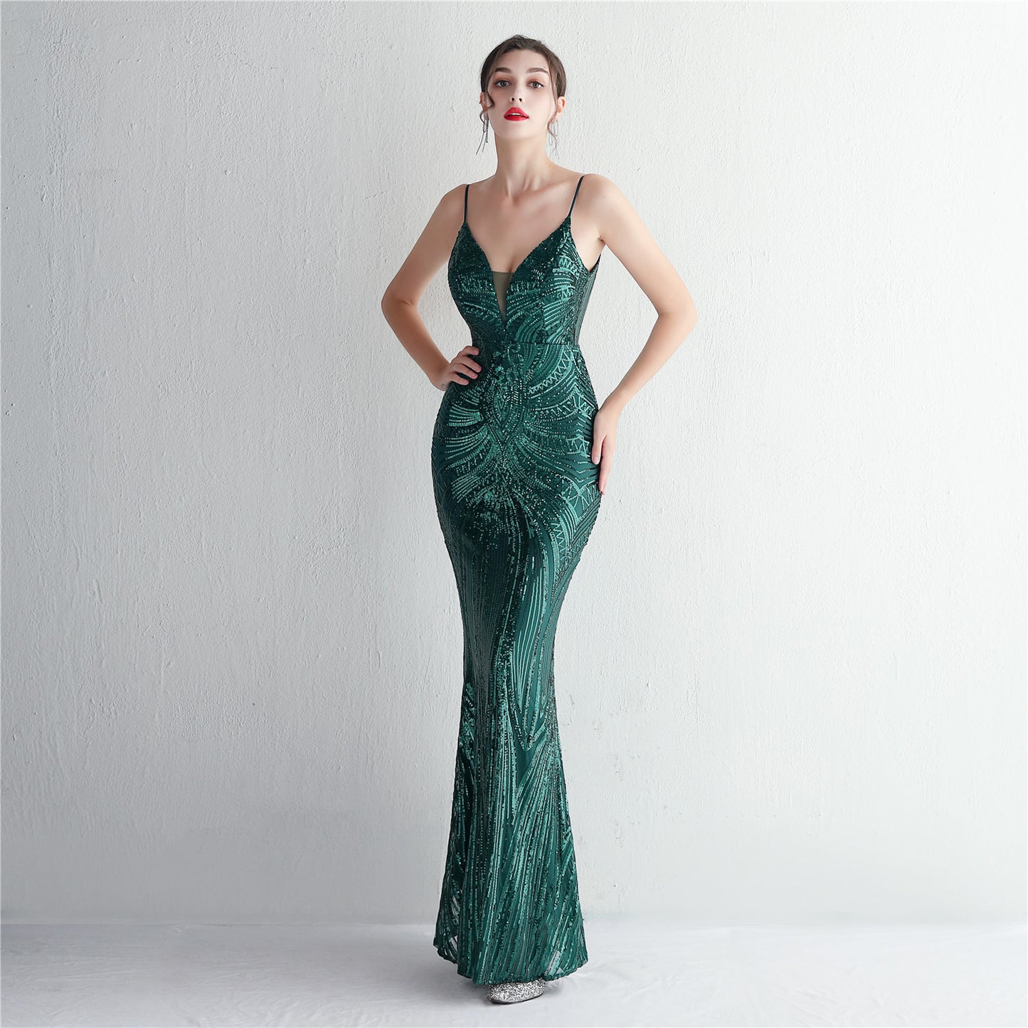 Sequined fishtail long evening dress