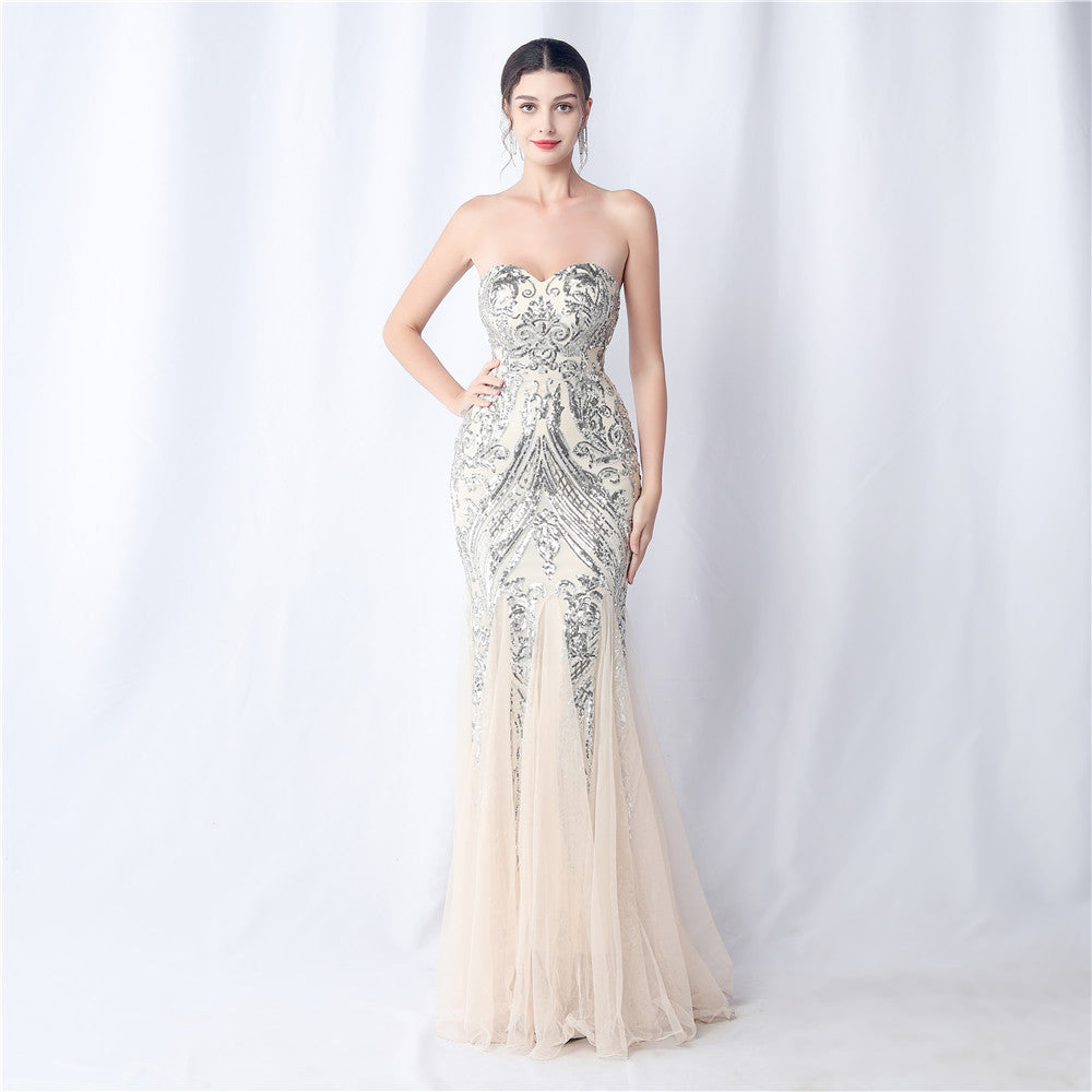 High-end sparkling evening long tube top evening dress