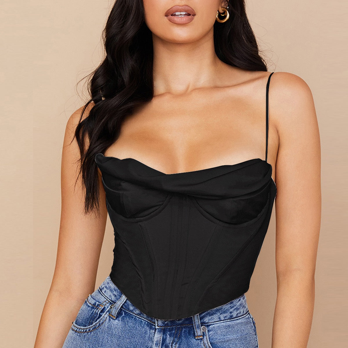 Satin herringbone corset top with pleated design