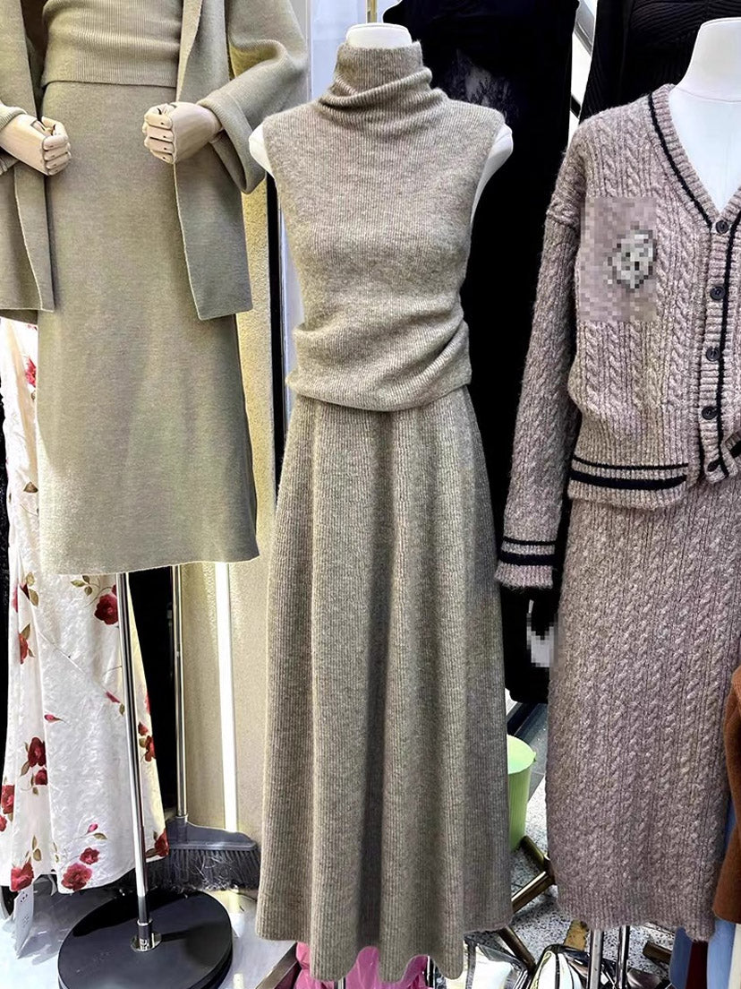 Knitted two-piece turtleneck vest long skirt set