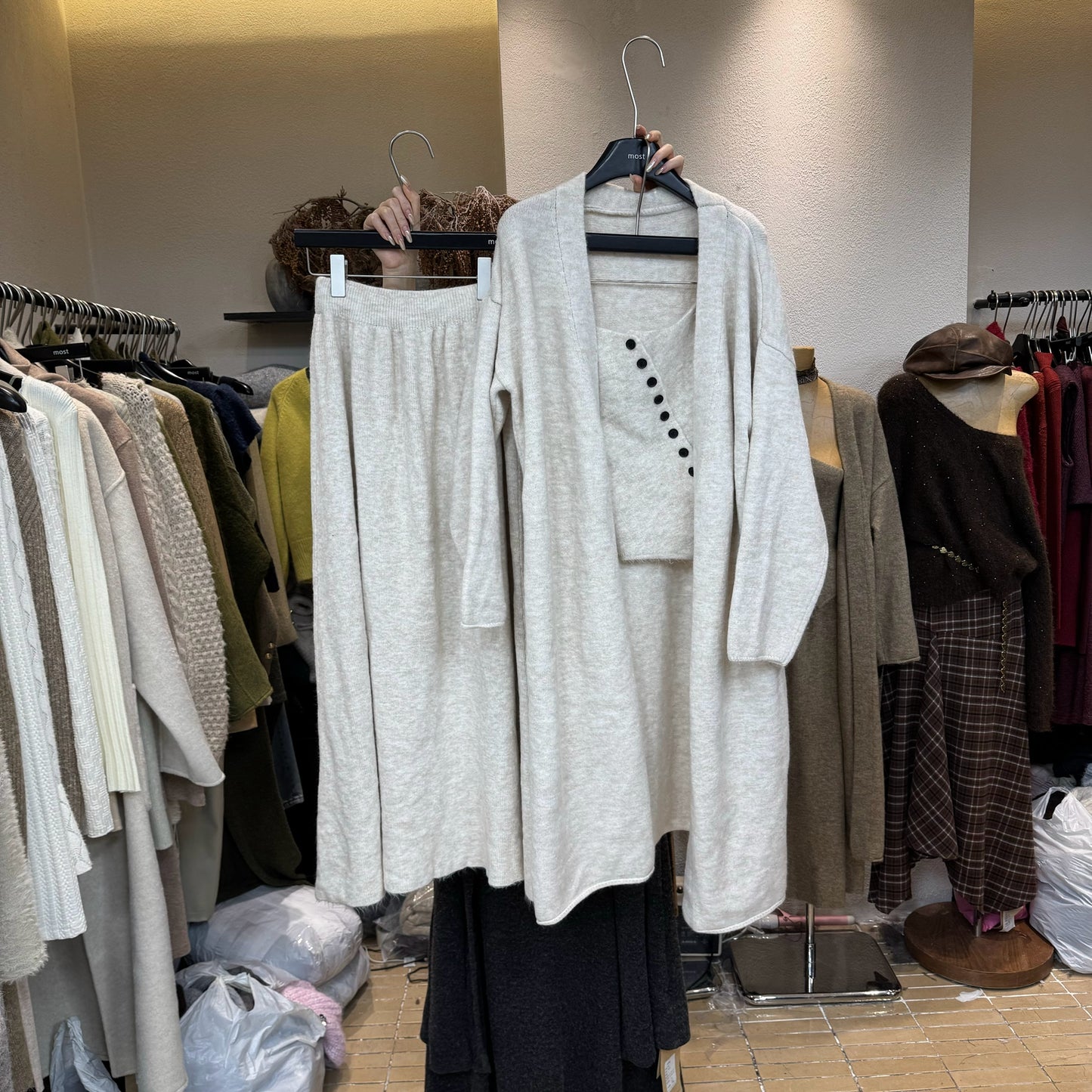 Wool off-shoulder cardigan sweater + skirt three-piece set