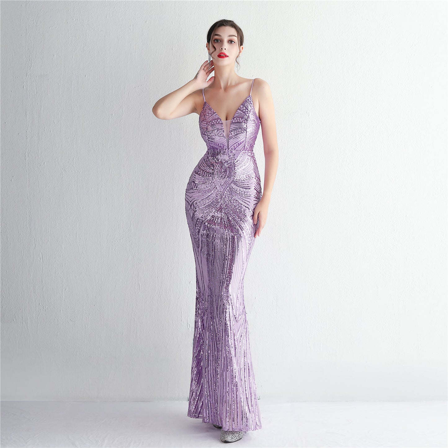 Sequined fishtail long evening dress