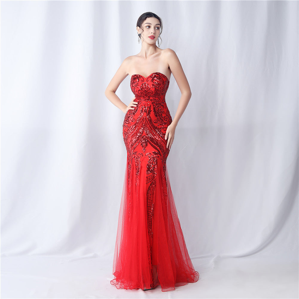 High-end sparkling evening long tube top evening dress