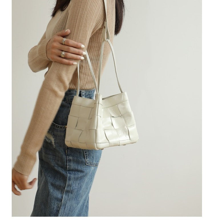 Cowhide Bucket Bag Woven Shoulder Bag
