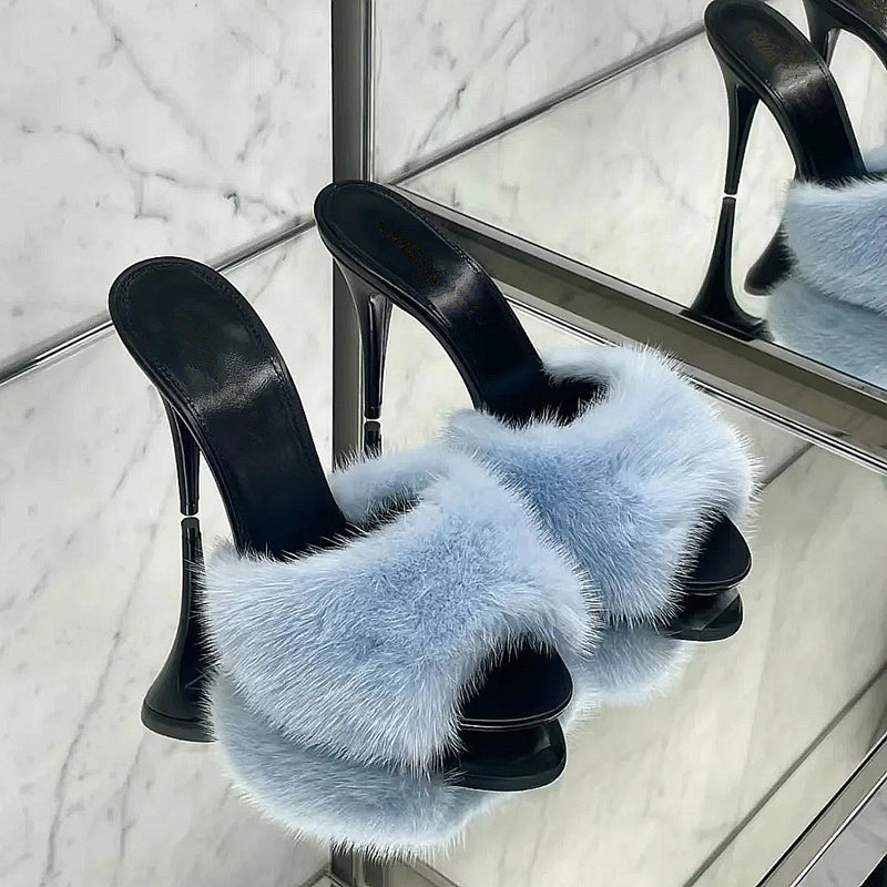 Mink fur open toe slippers fish mouth genuine leather party sandals