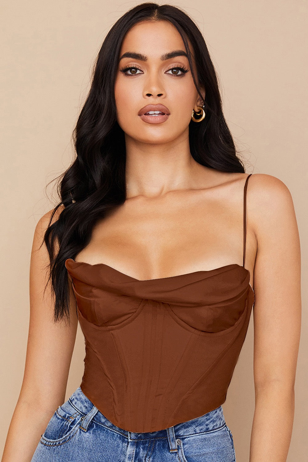 Satin herringbone corset top with pleated design