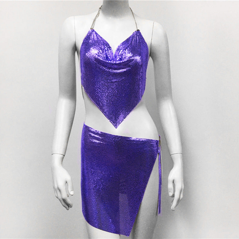 Women's metal sequin suspender skirt set dress metal top min