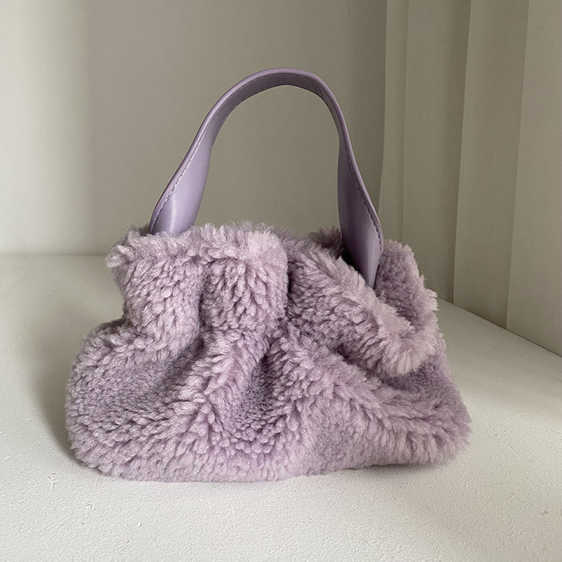 Pleated Faux Rabbit Fur Crossbody Bag