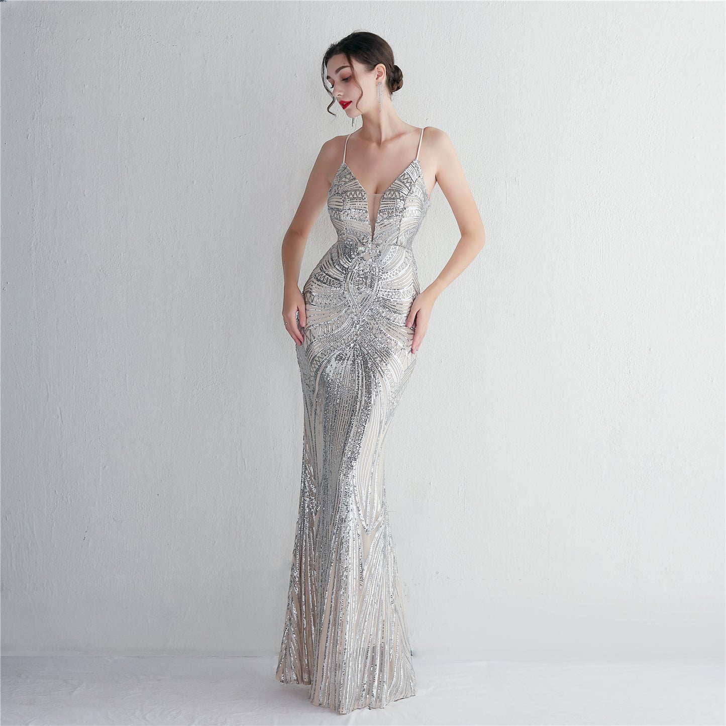 Sequined fishtail long evening dress