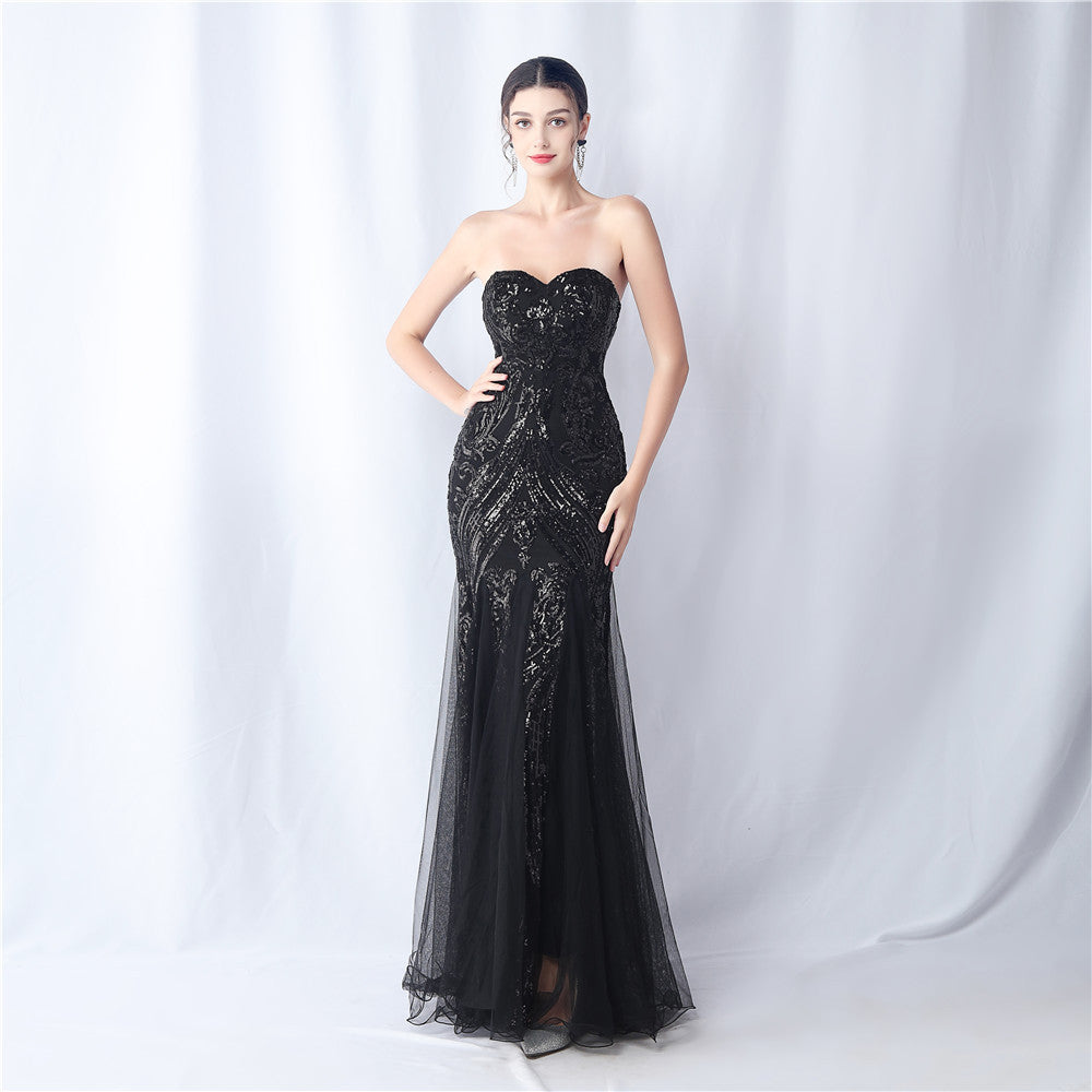 High-end sparkling evening long tube top evening dress