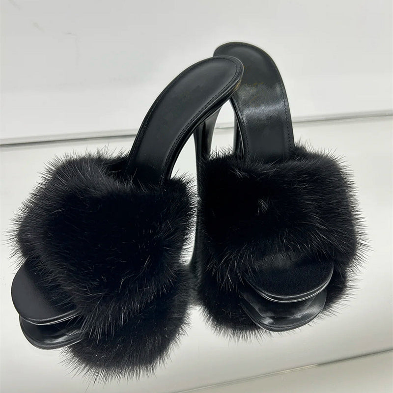 Mink fur open toe slippers fish mouth genuine leather party sandals
