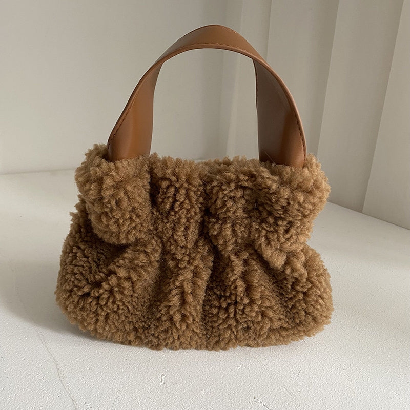Pleated Faux Rabbit Fur Crossbody Bag