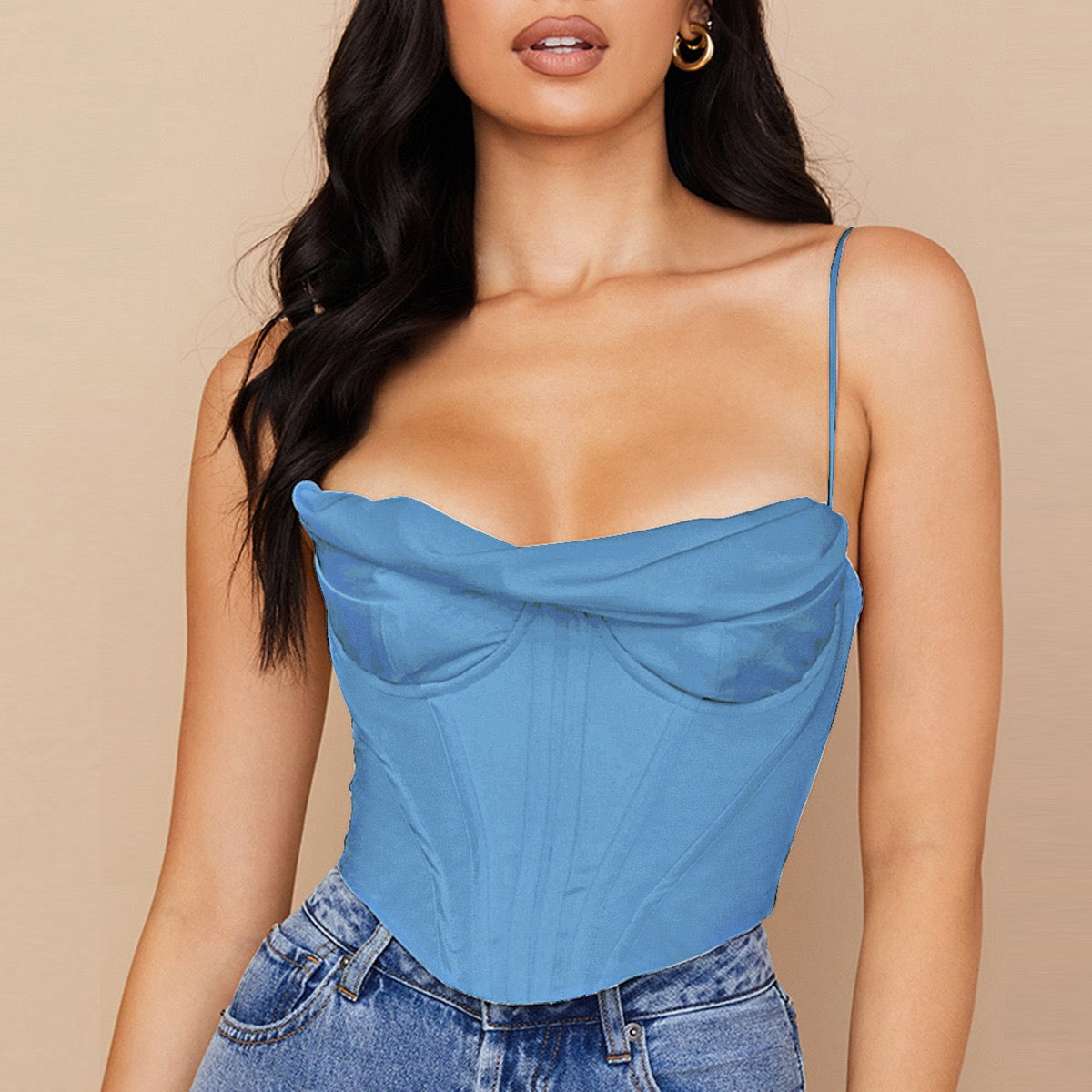 Satin herringbone corset top with pleated design