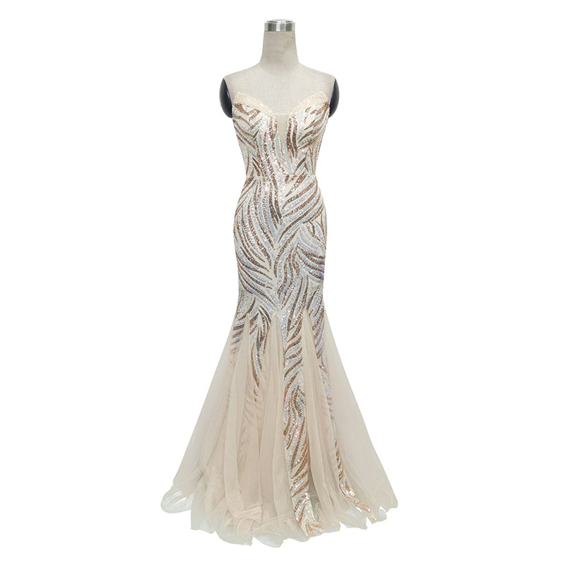 Heavy industry tube top, high-definition beaded sequins, long banquet host bride's toast dress, birthday evening dress