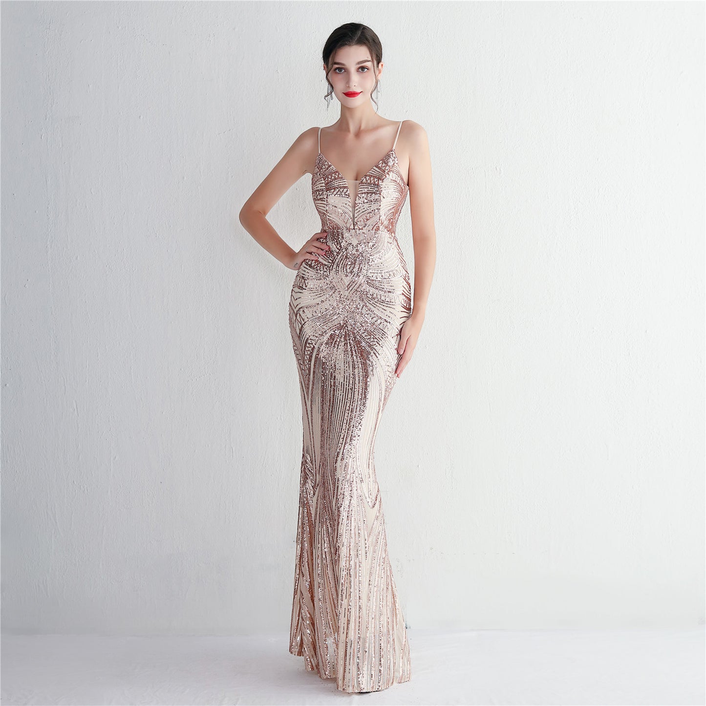 Sequined fishtail long evening dress