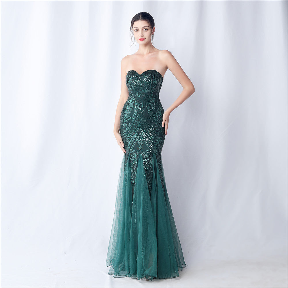 High-end sparkling evening long tube top evening dress