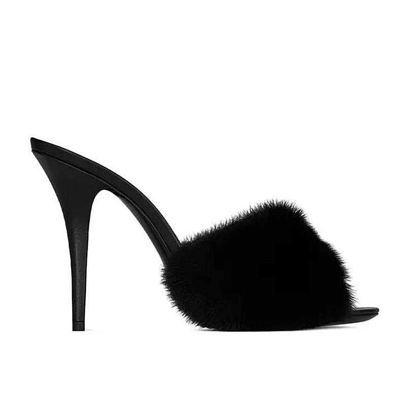 Mink fur open toe slippers fish mouth genuine leather party sandals
