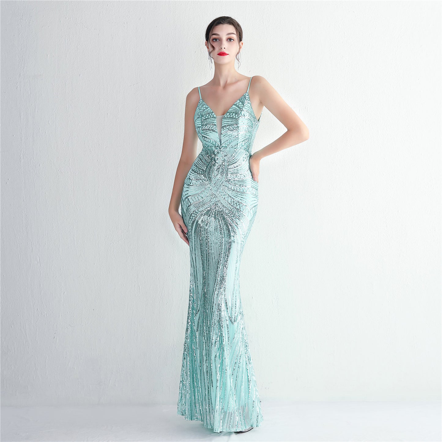 Sequined fishtail long evening dress