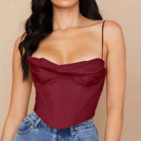 Satin herringbone corset top with pleated design