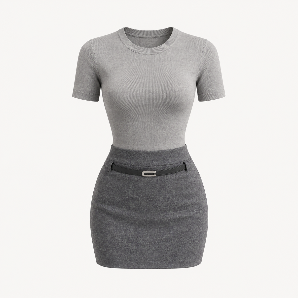 Ash Grey Ribbed Top and Mini Skirt Set