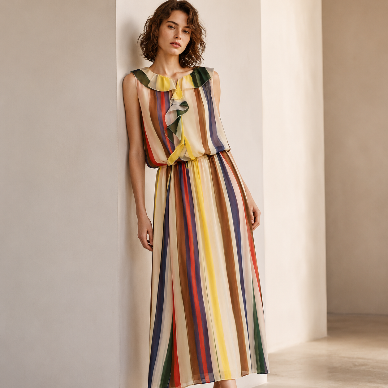 MULTICOLORED STRIPED RUFFLE DRESS