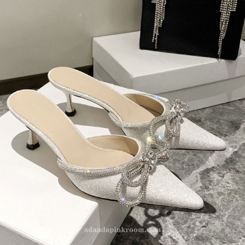Polarized bow rhinestone high heels