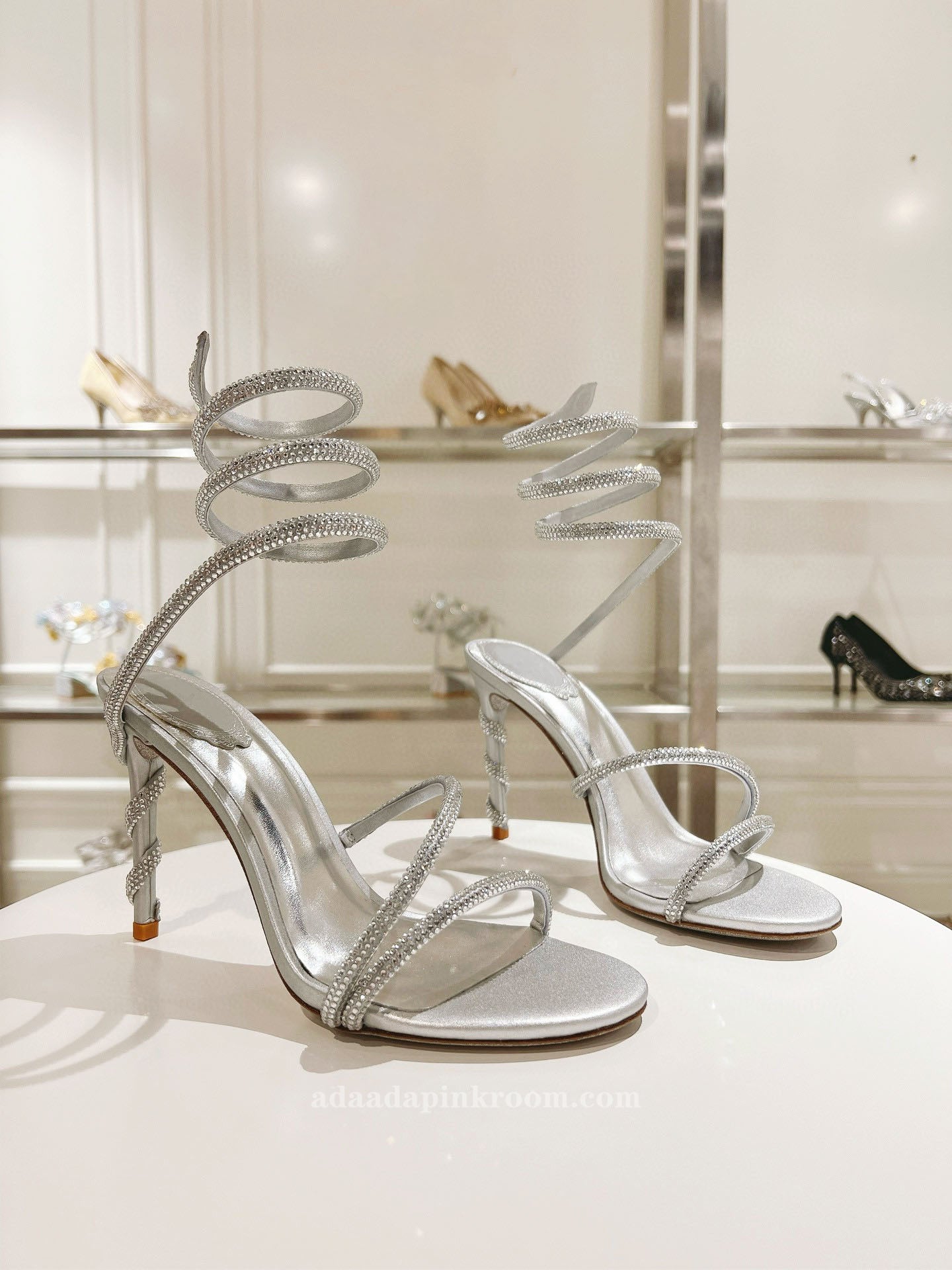 Snake -shaped winding rhinestone high heels