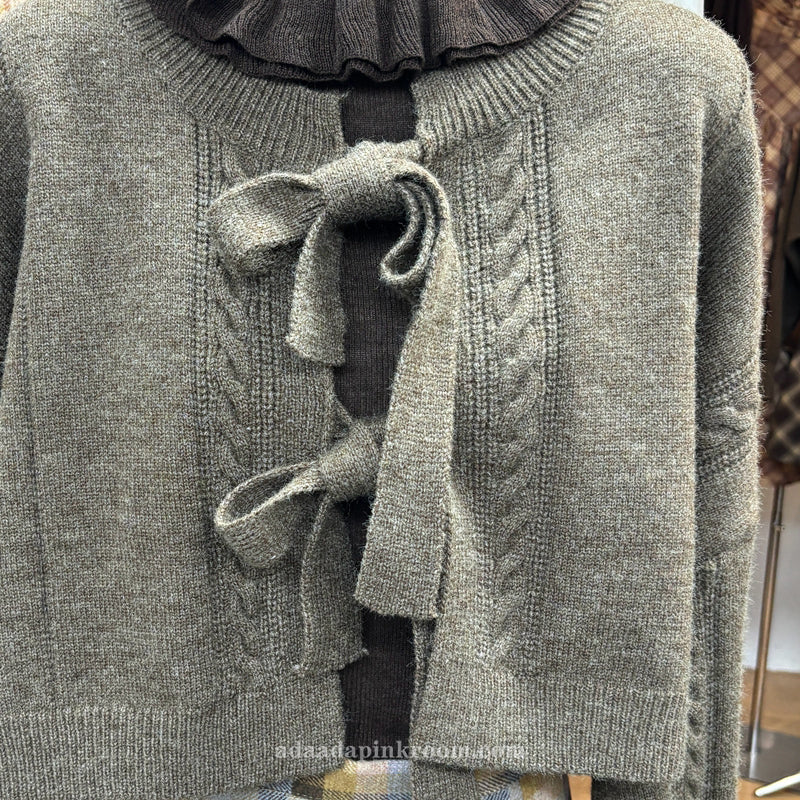 V-neck tie bow cropped sweater
