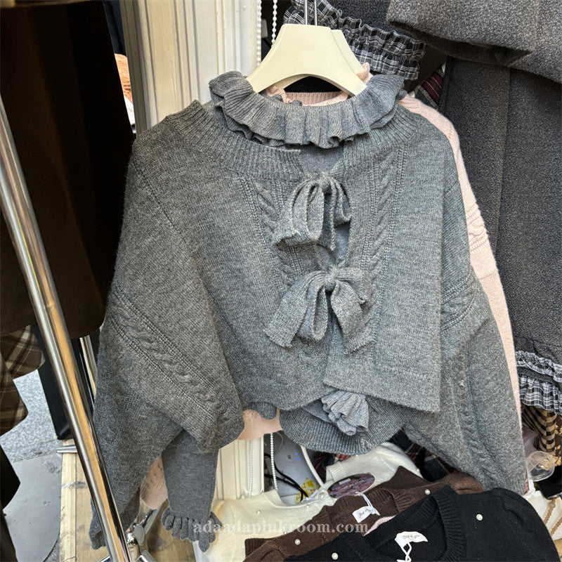 V-neck tie bow cropped sweater