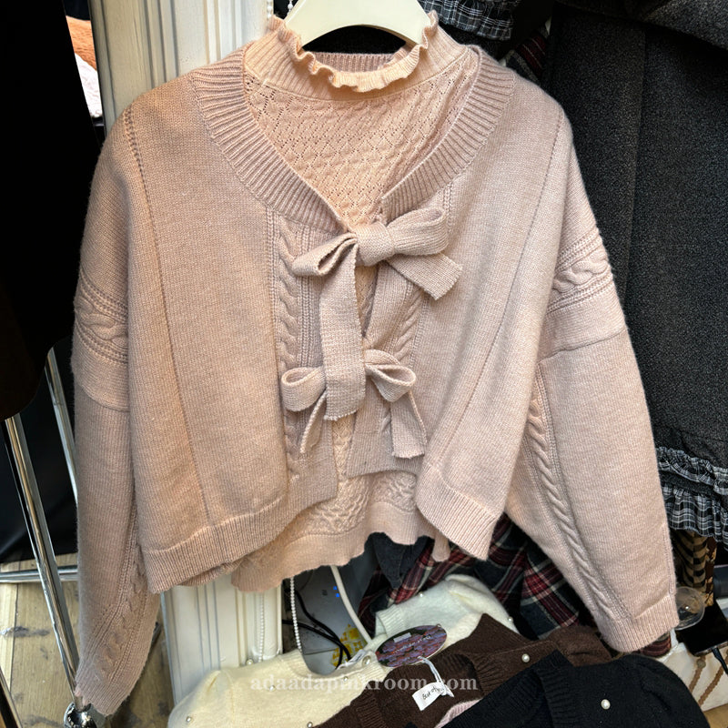 V-neck tie bow cropped sweater