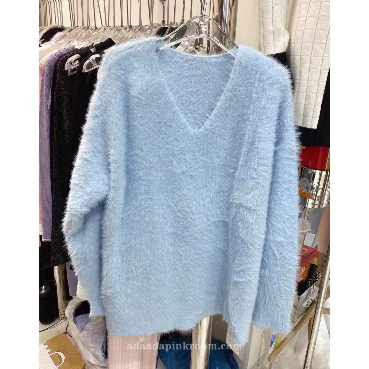 V-neck faux mink sweater