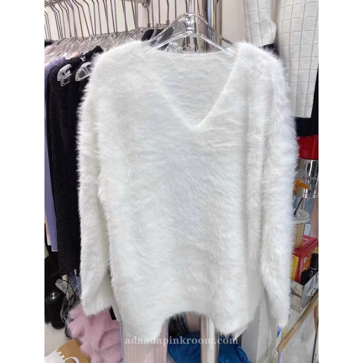 V-neck faux mink sweater