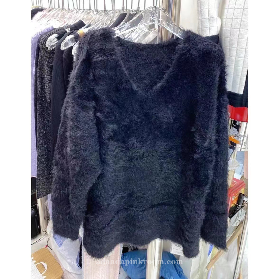 V-neck faux mink sweater
