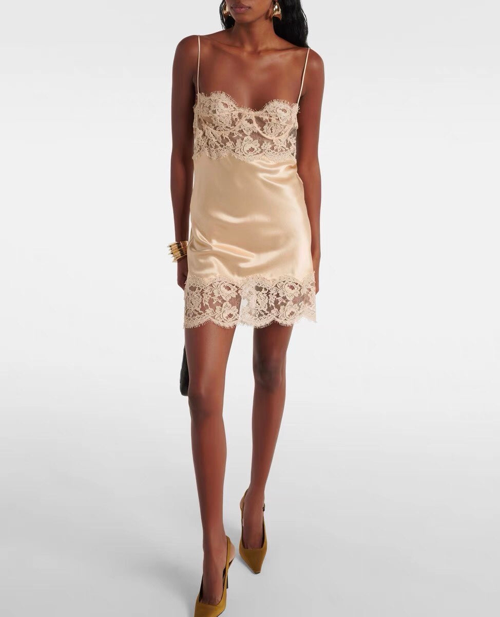 Lace panel silk suspender skirt