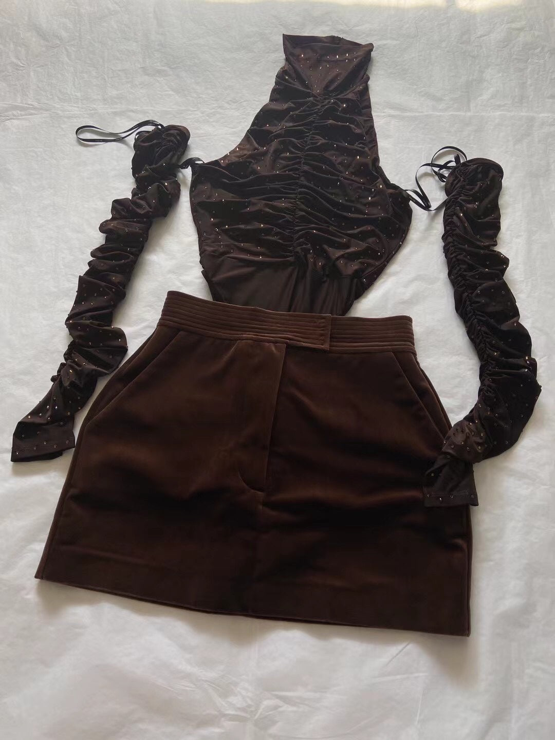 Hot Diamond Crystal Bodysuit + Velvet Skirt
