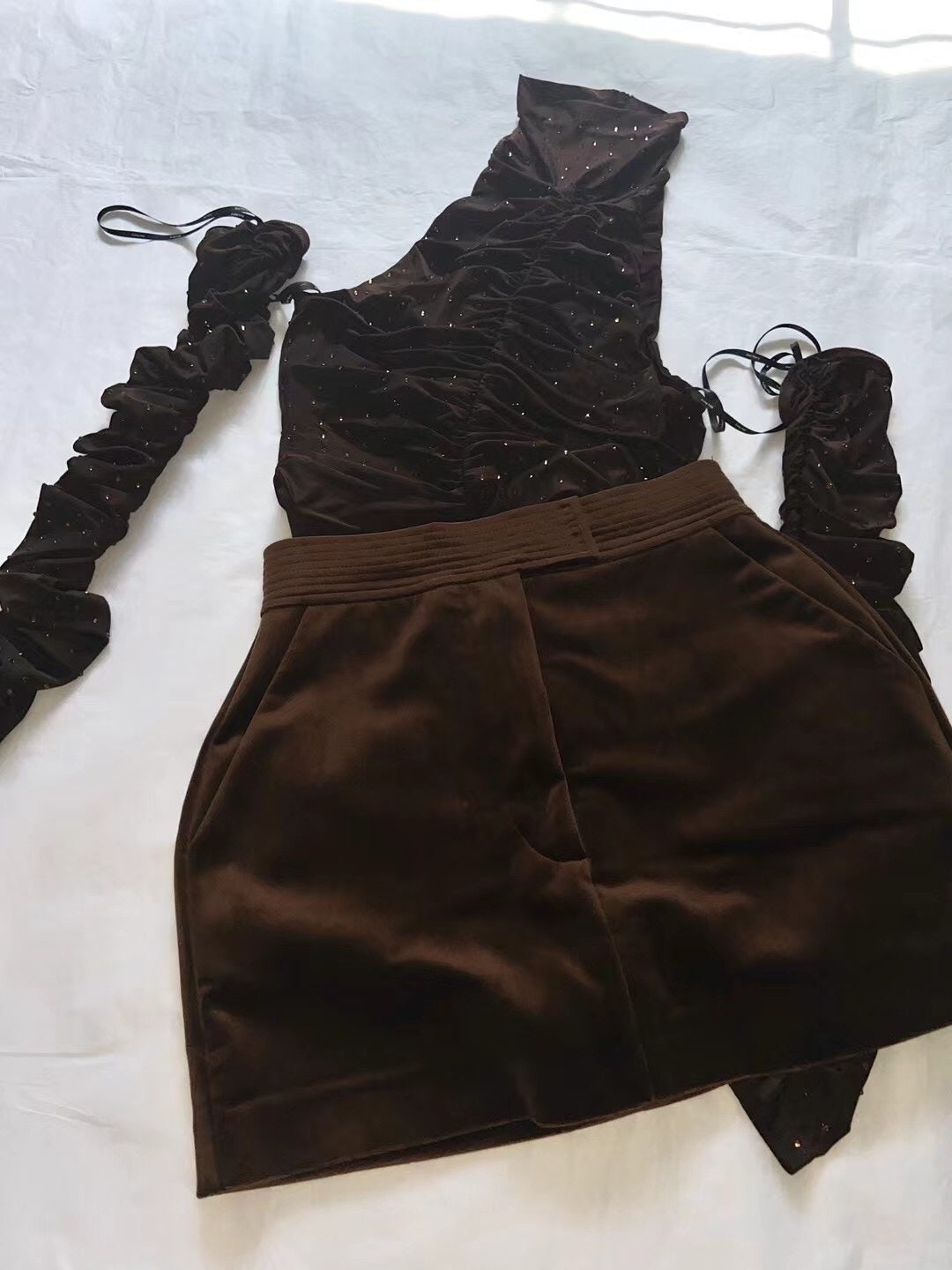 Hot Diamond Crystal Bodysuit + Velvet Skirt