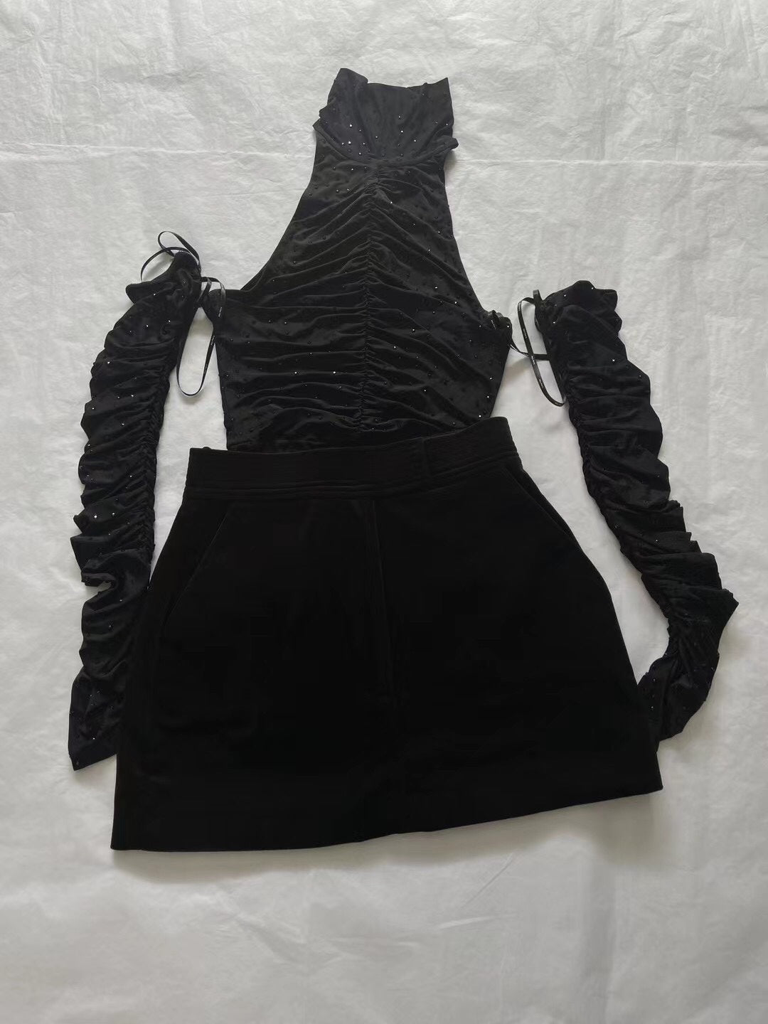 Hot Diamond Crystal Bodysuit + Velvet Skirt