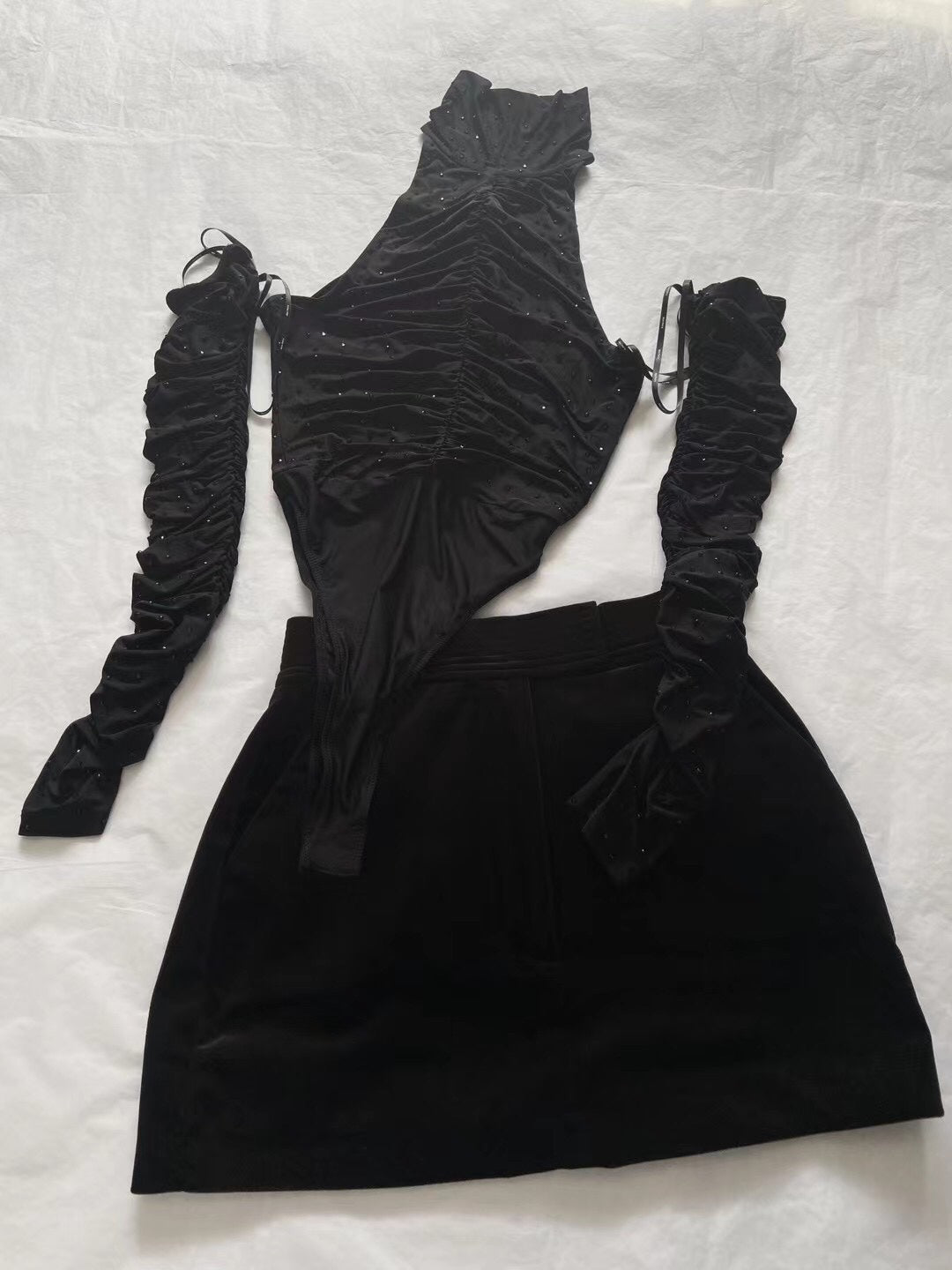Hot Diamond Crystal Bodysuit + Velvet Skirt