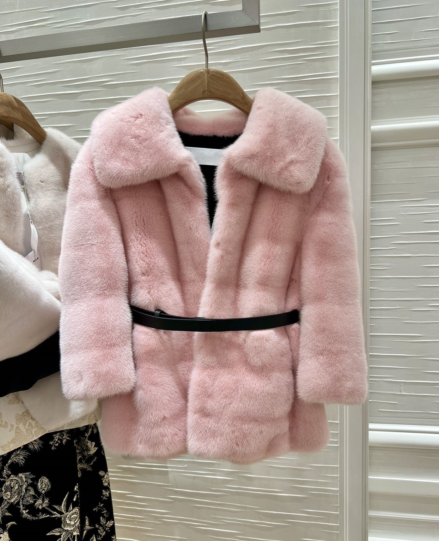 Pink mink coat with belt