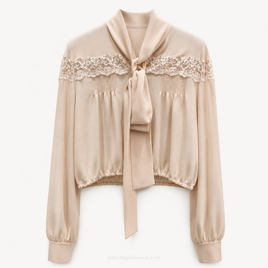 LACE PANEL TIE-NECK BLOUSE