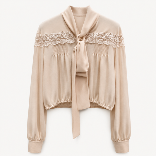 LACE PANEL TIE-NECK BLOUSE