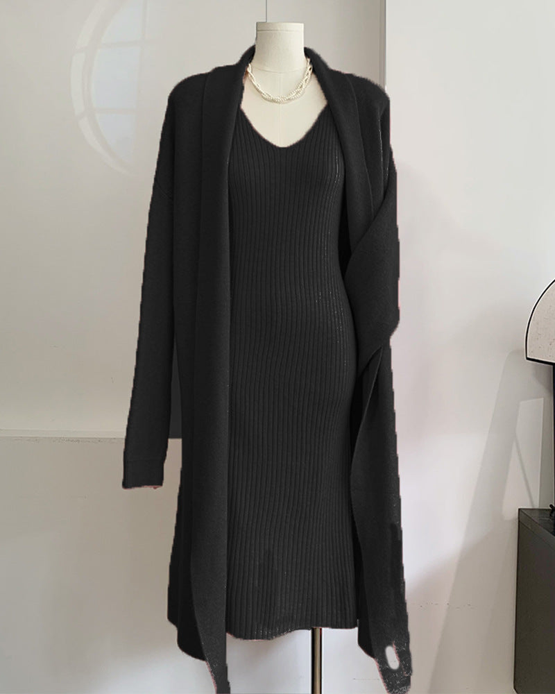 Knitted vest dress + long cardigan coat