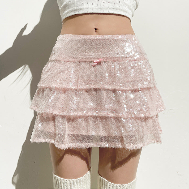 Sequin cake skirt shiny mesh bow low waist skirt