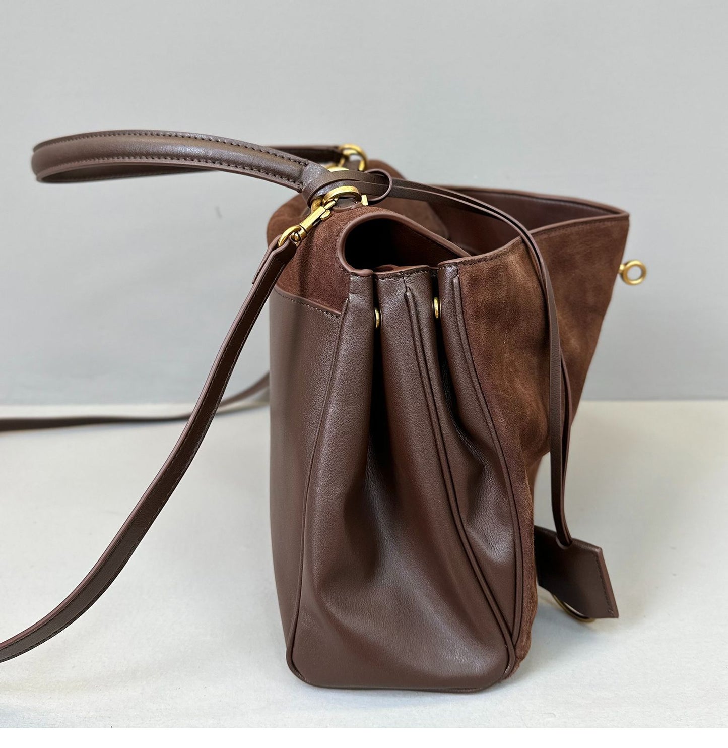 Suede stitching layered leather Kelly bag
