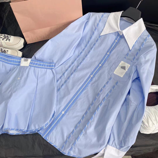 Lazy style contrast striped embroidered lapel sun protection shirt casual shorts suit