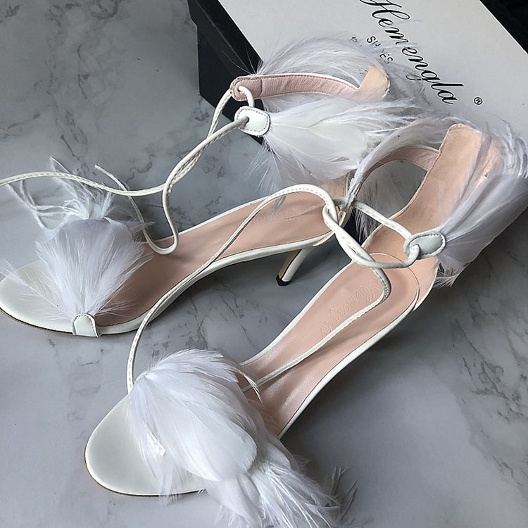 Feather stiletto heel hollow sexy strappy sandals